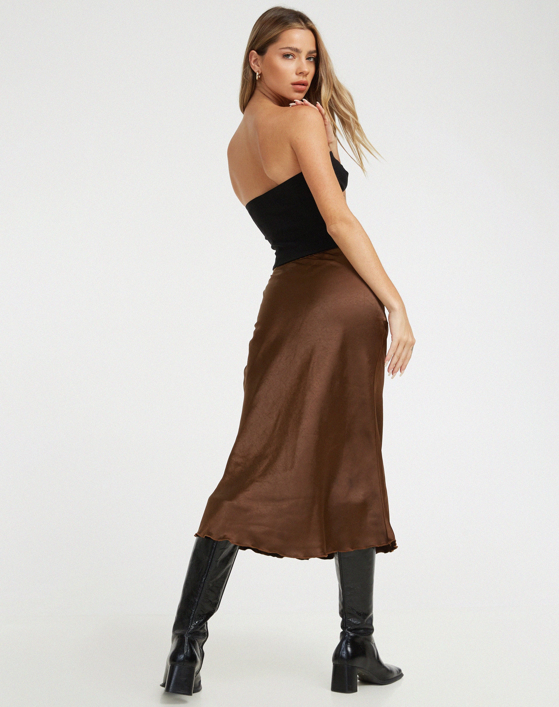 Goya Midi Skirt in Satin Bitter Chocolate - Awmao
