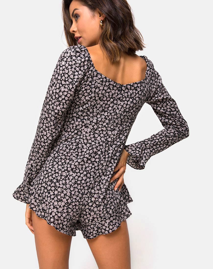 Berlo Longsleeve Playsuit in Ditsy Rose Black - Awmao