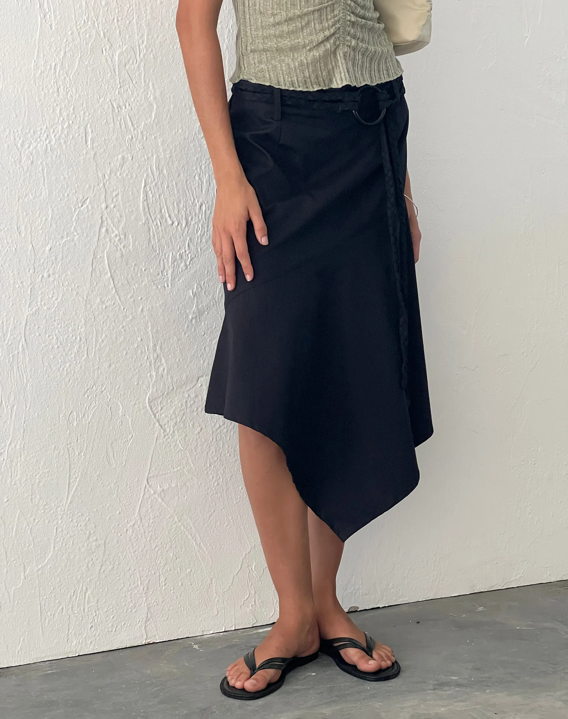 Nejusi Asymmetric Midi Skirt in Black with Braided Belt - Awmao