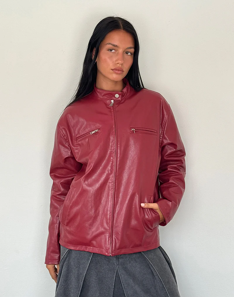 Charlize Moto Jacket in PU Red - Awmao