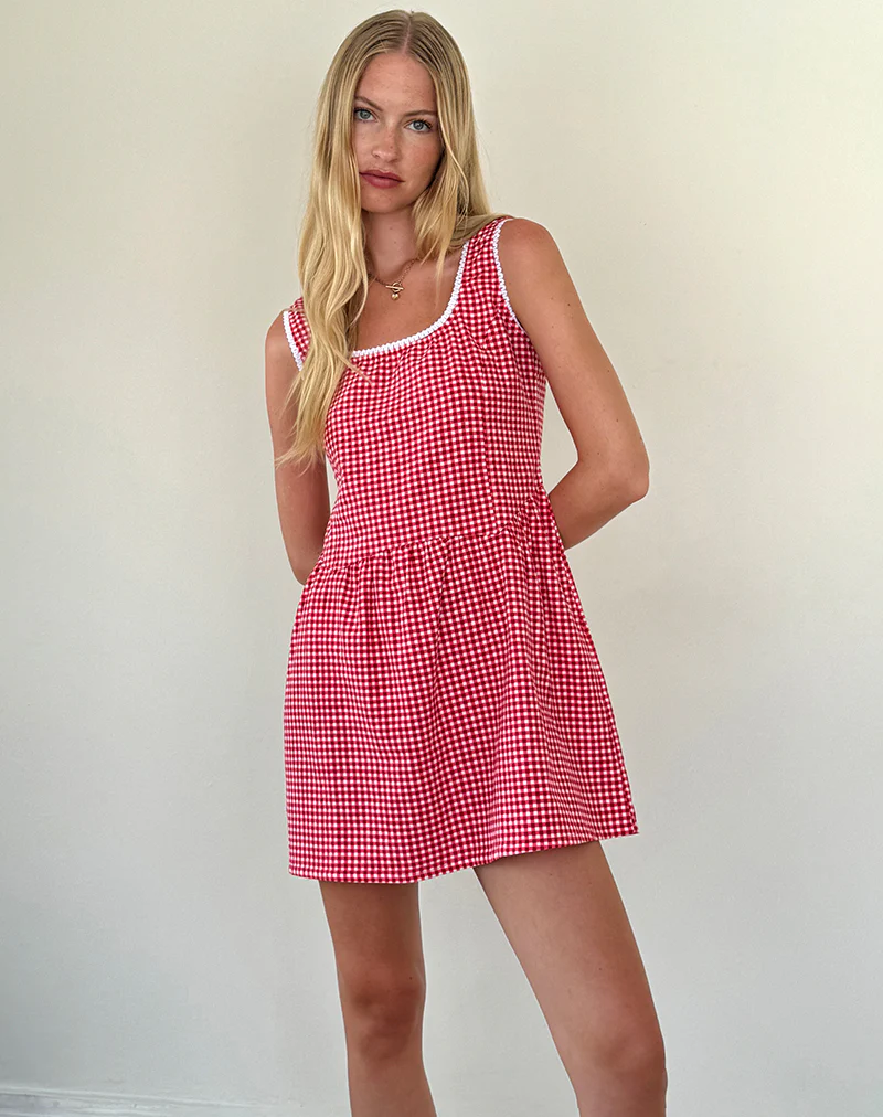 Leshi Mini Dress in Red Gingham - Awmao