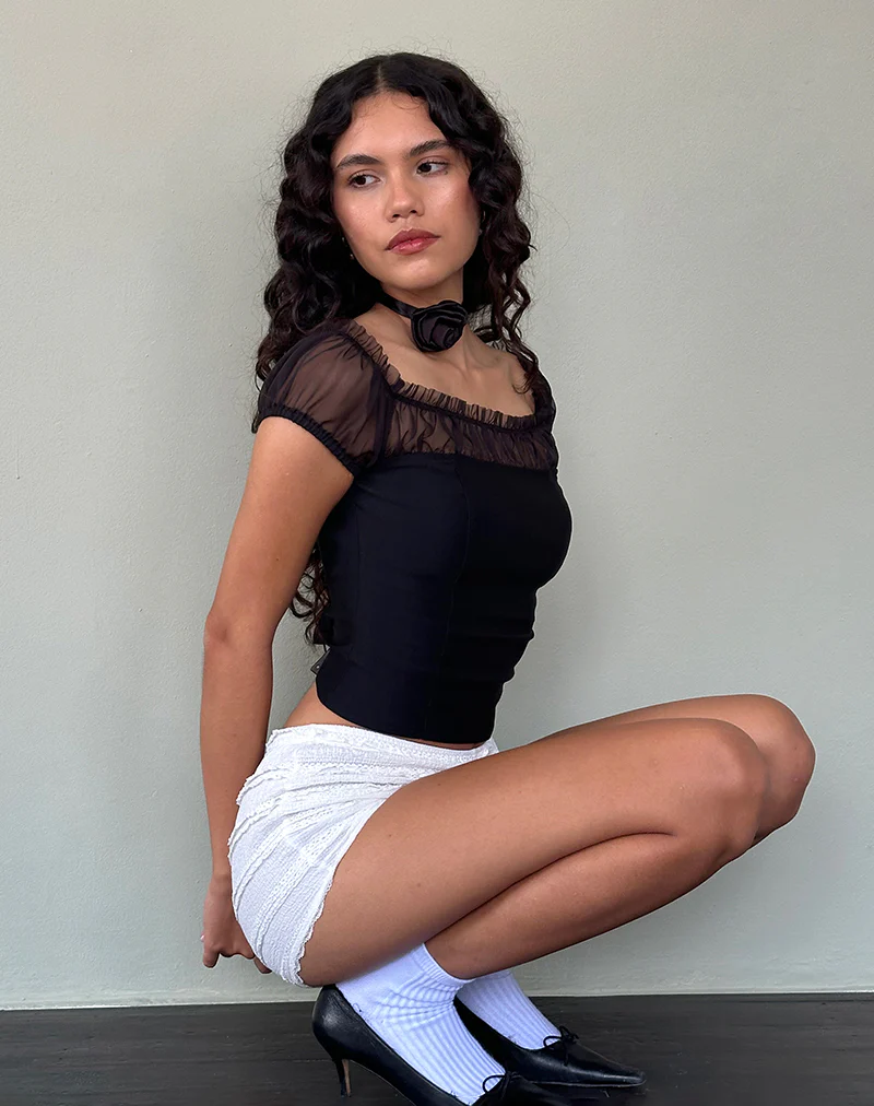 Naaji Chiffon Frill Bardot Top in Black - Awmao