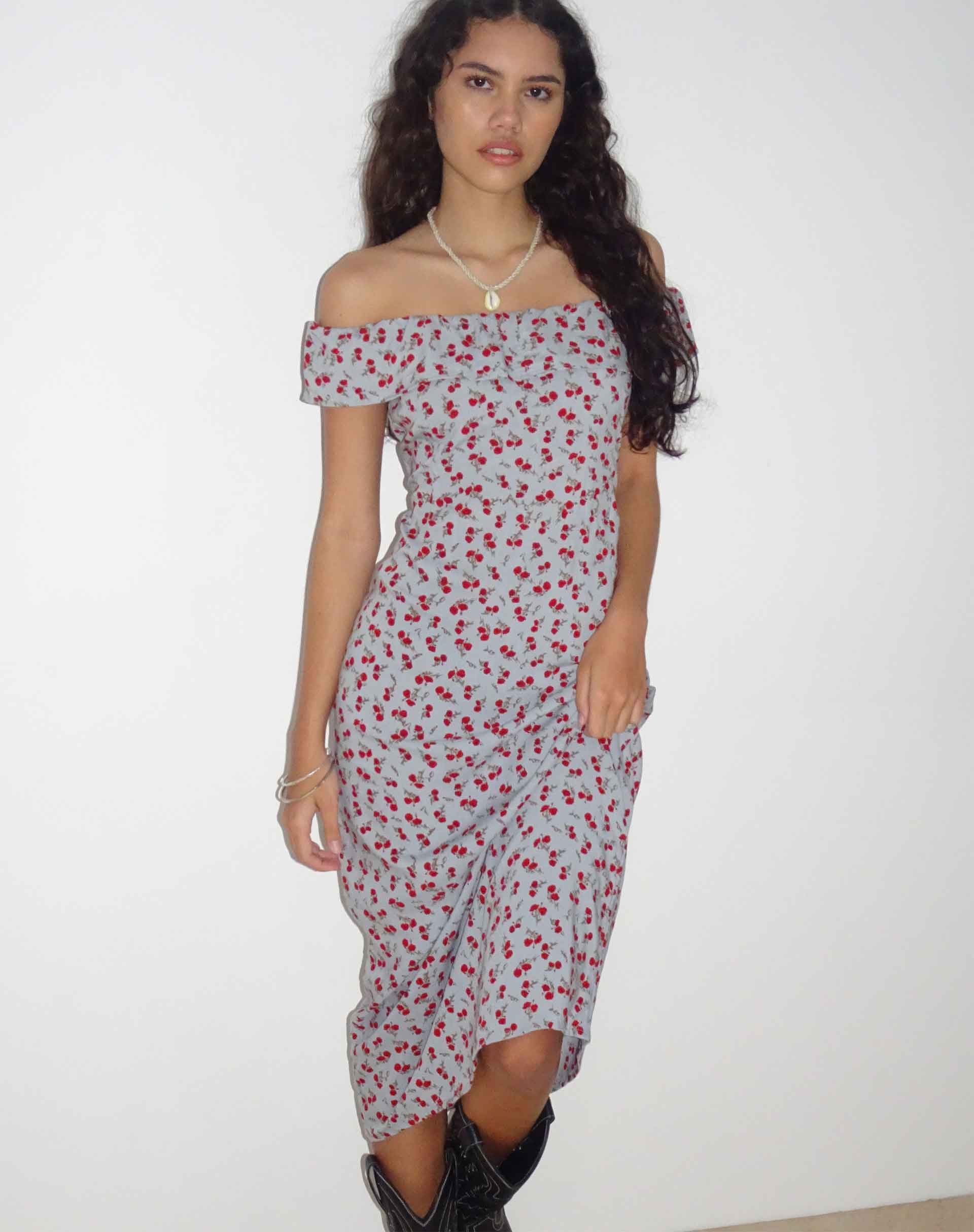 Ayudia Bardot Midi Dress in Blue Floral Ditsy - Awmao