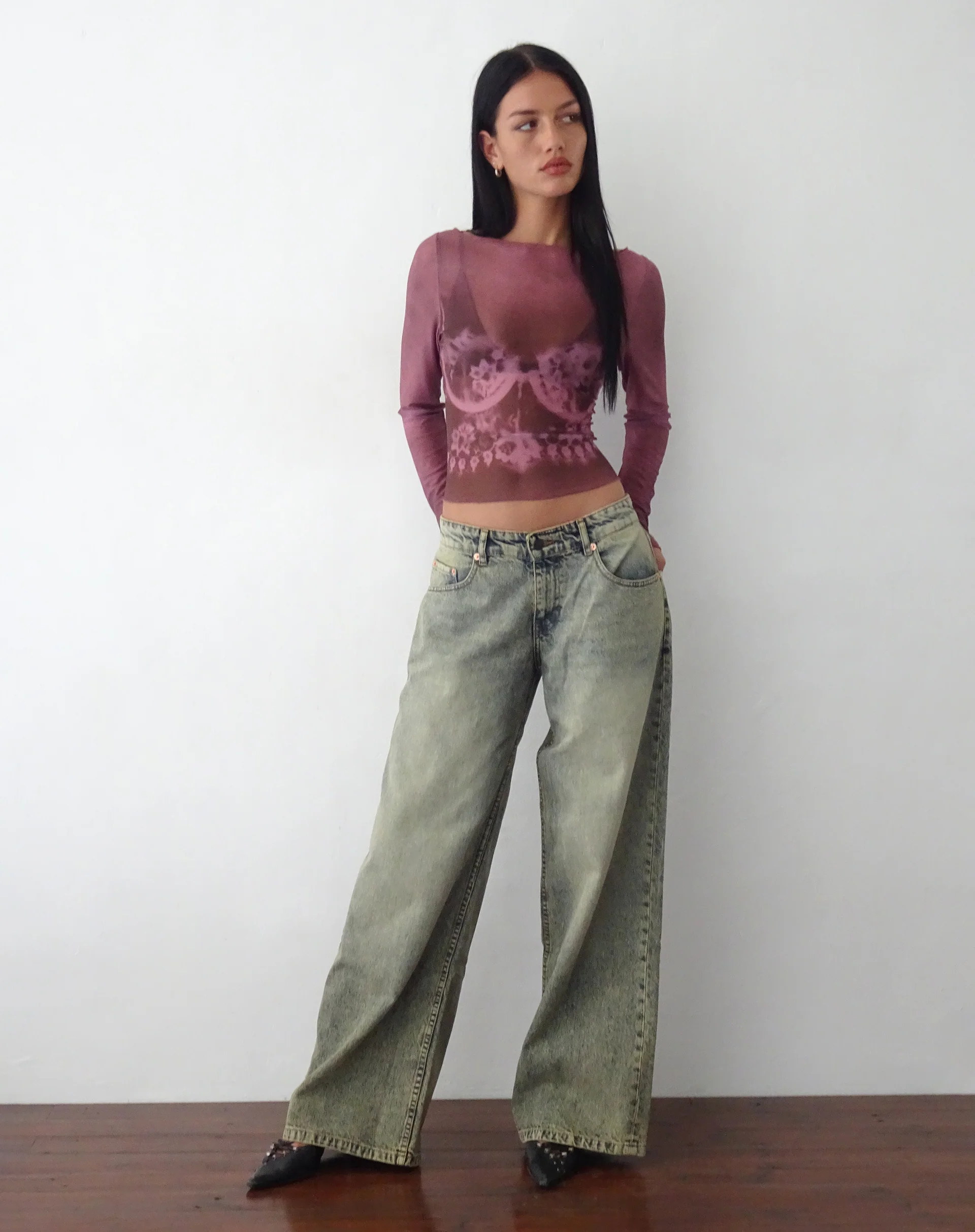 Armali Long Sleeve Top in Burgundy with Lace Bra Scan - Awmao