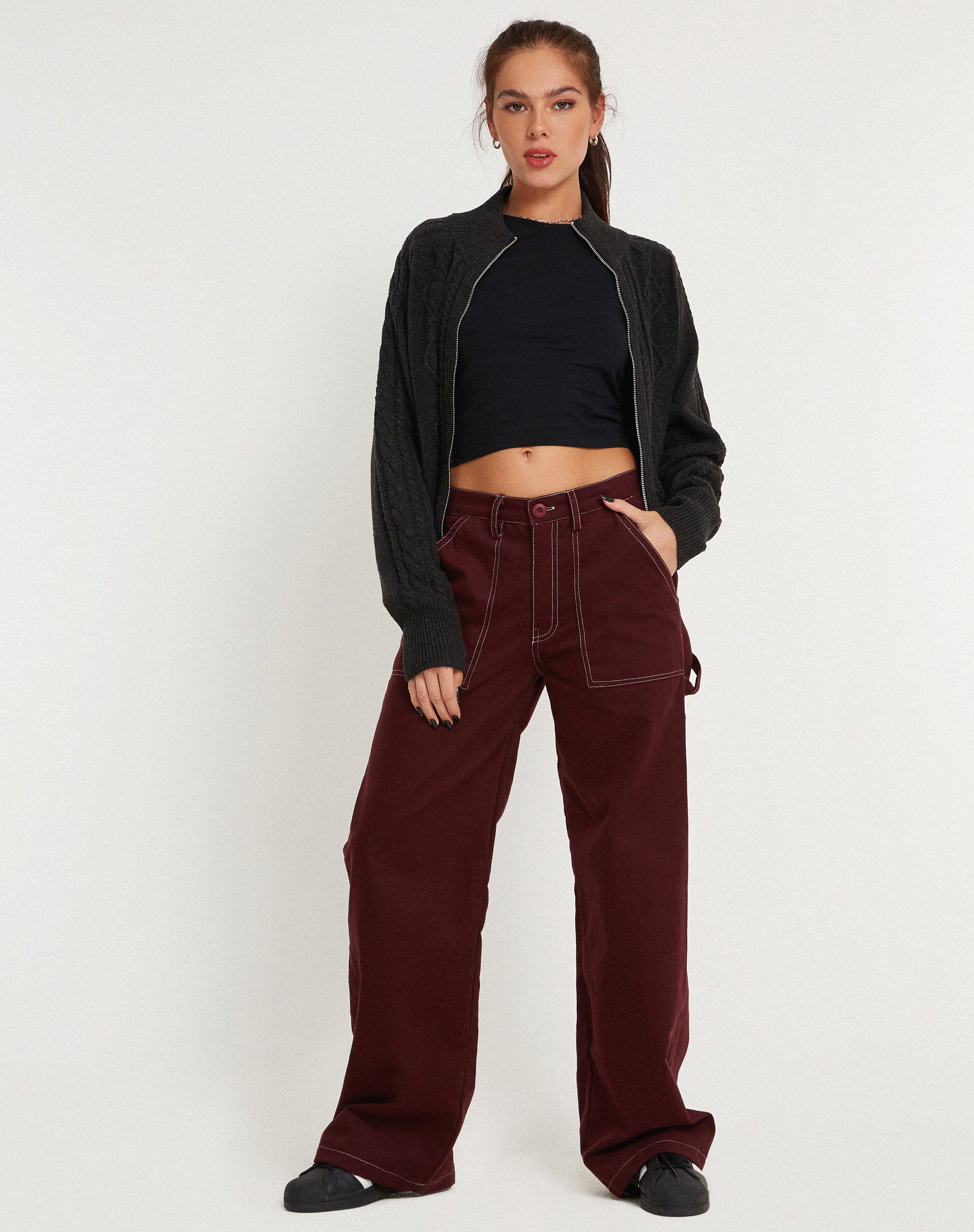 Kusnaedi Wide Leg Trouser in Redwood and White Top Stitch - Awmao