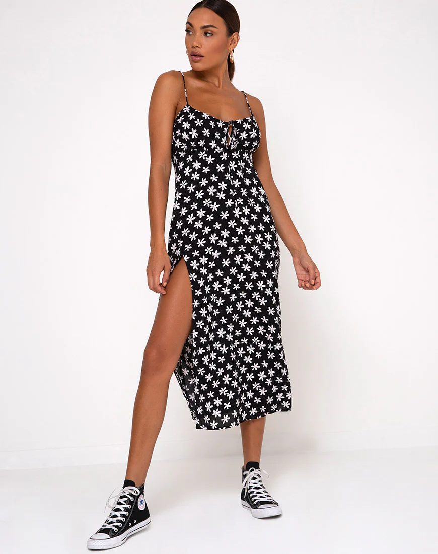 Cypress Midi Dress in 90's Daisy Black and White - Awmao