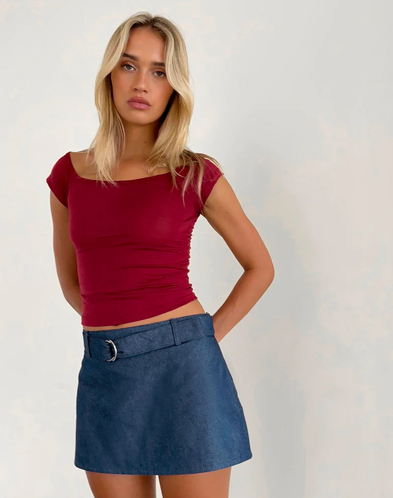 Marine Belted Skirt in Denim Chambray Indigo - Awmao