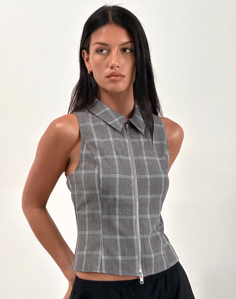 Janae Zip Vest Top in Grey Check - Awmao