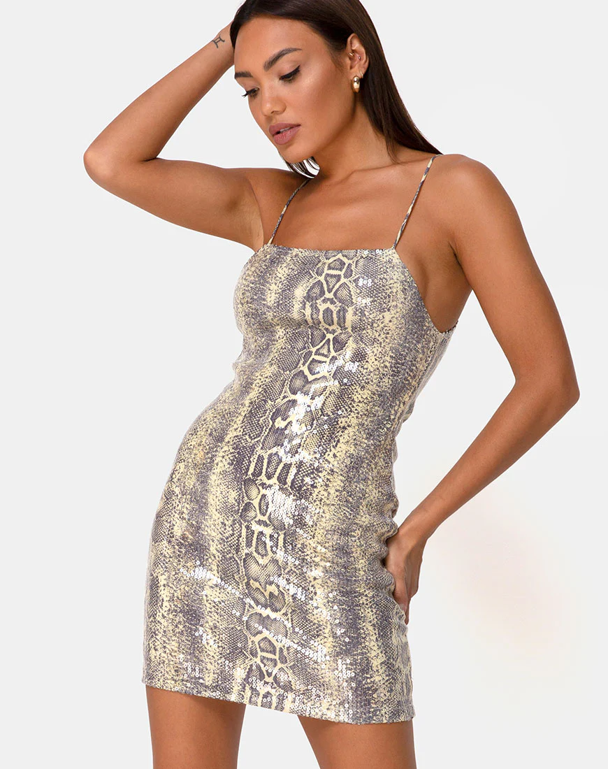 Selana Bodycon Dress in Acid Snake Clear Sequin - Awmao