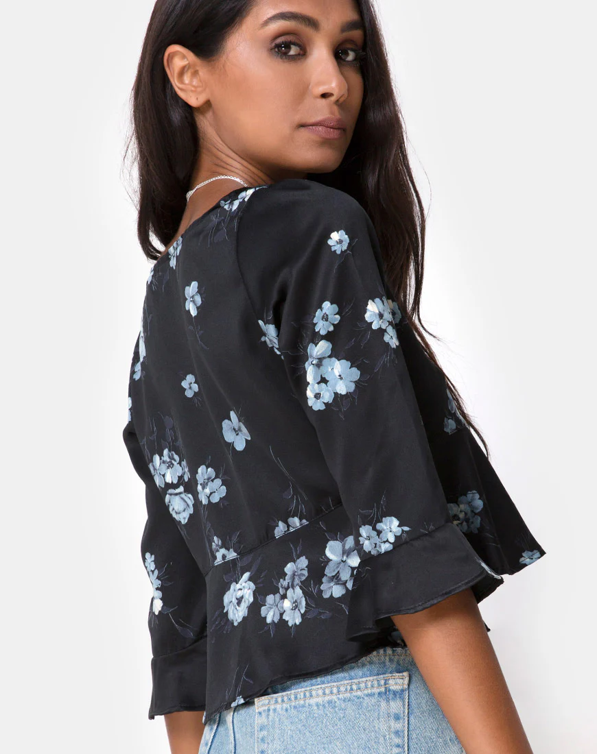 Vinequa Top in Satin Mono Flower Black - Awmao