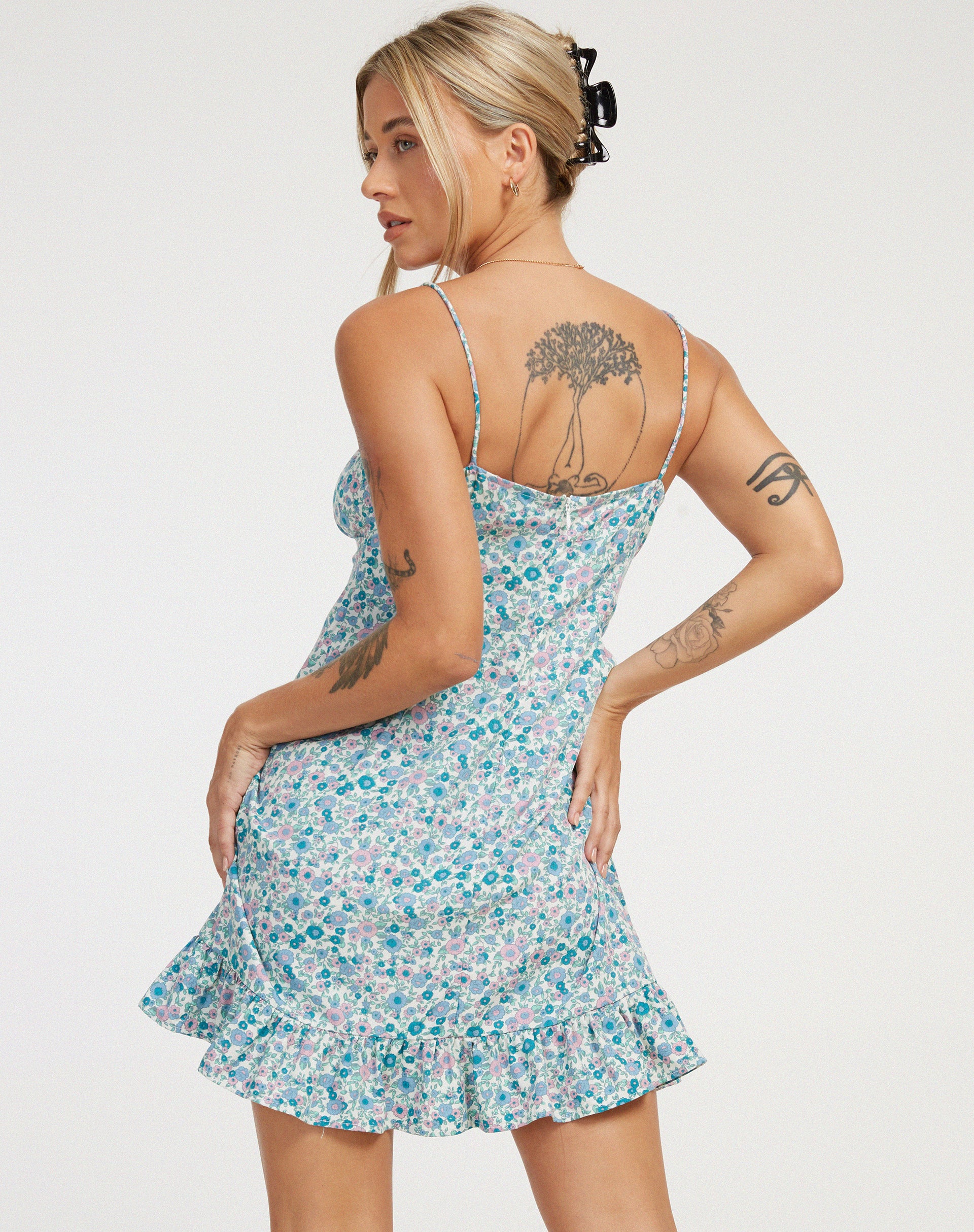 Alaca Mini Dress in Flower Power Blue - Awmao