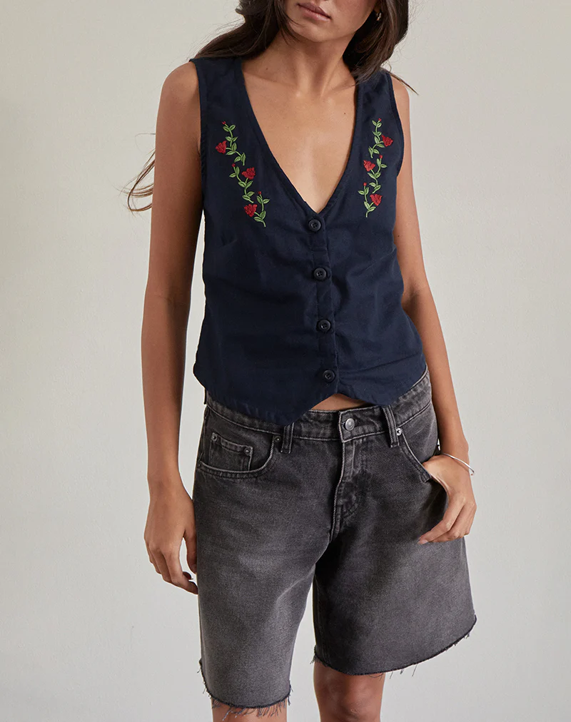 Cyna Button Through Vest in Tapshoe with Rose Embroidery - Awmao