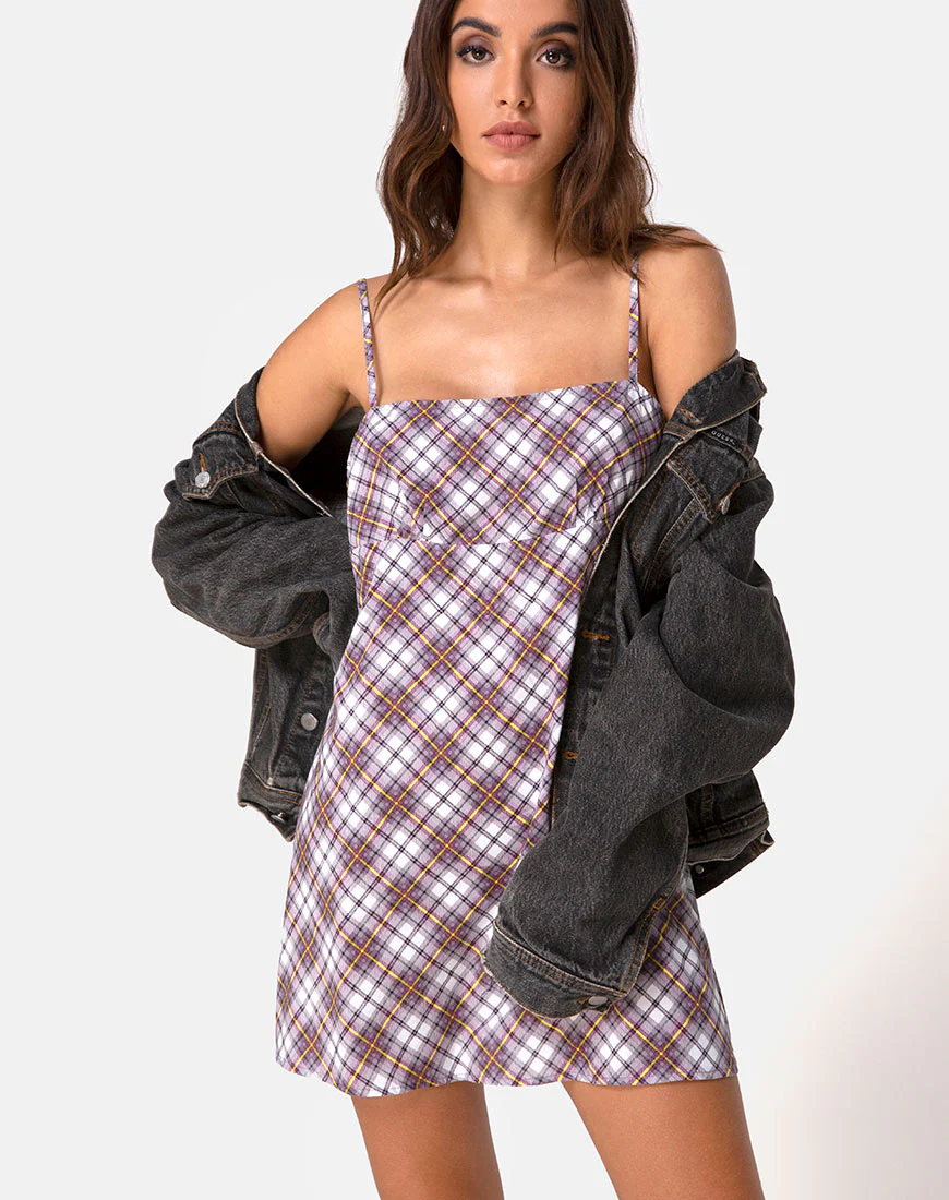 Andin Slip Dress in Grunge Check Purple - Awmao