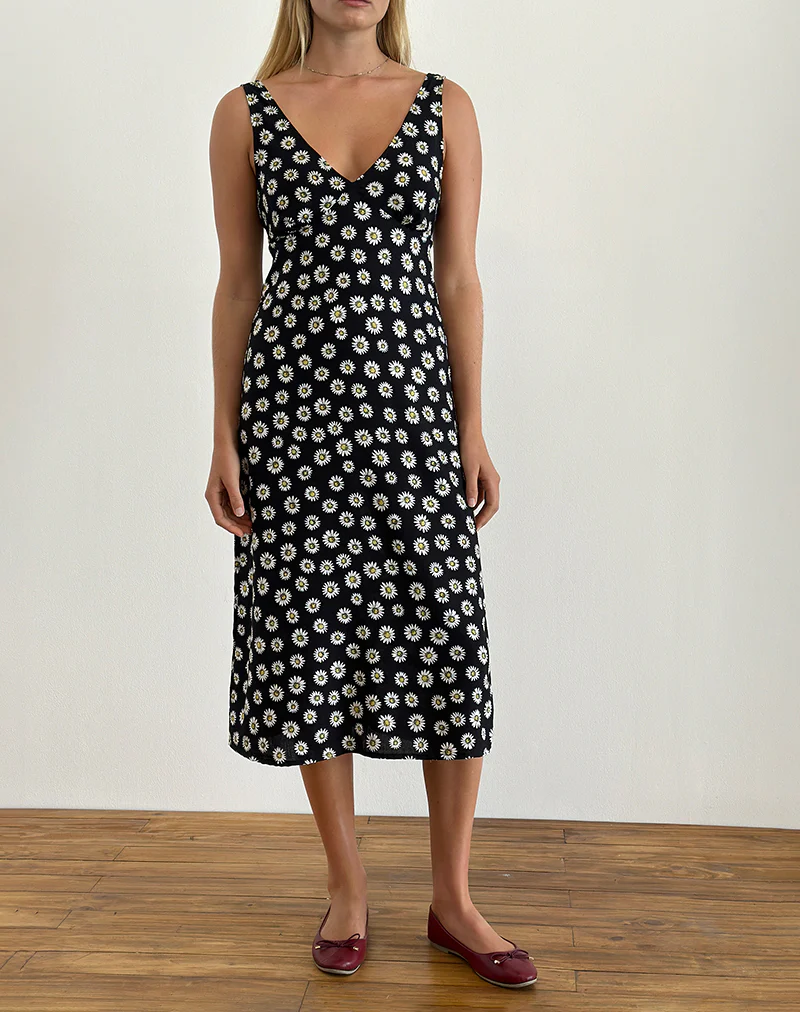 Lisheva Midi Dress in Grunge Daisy Black - Awmao