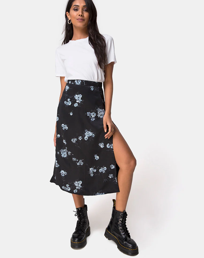 Saika Midi Skirt in Mono Flower Black - Awmao