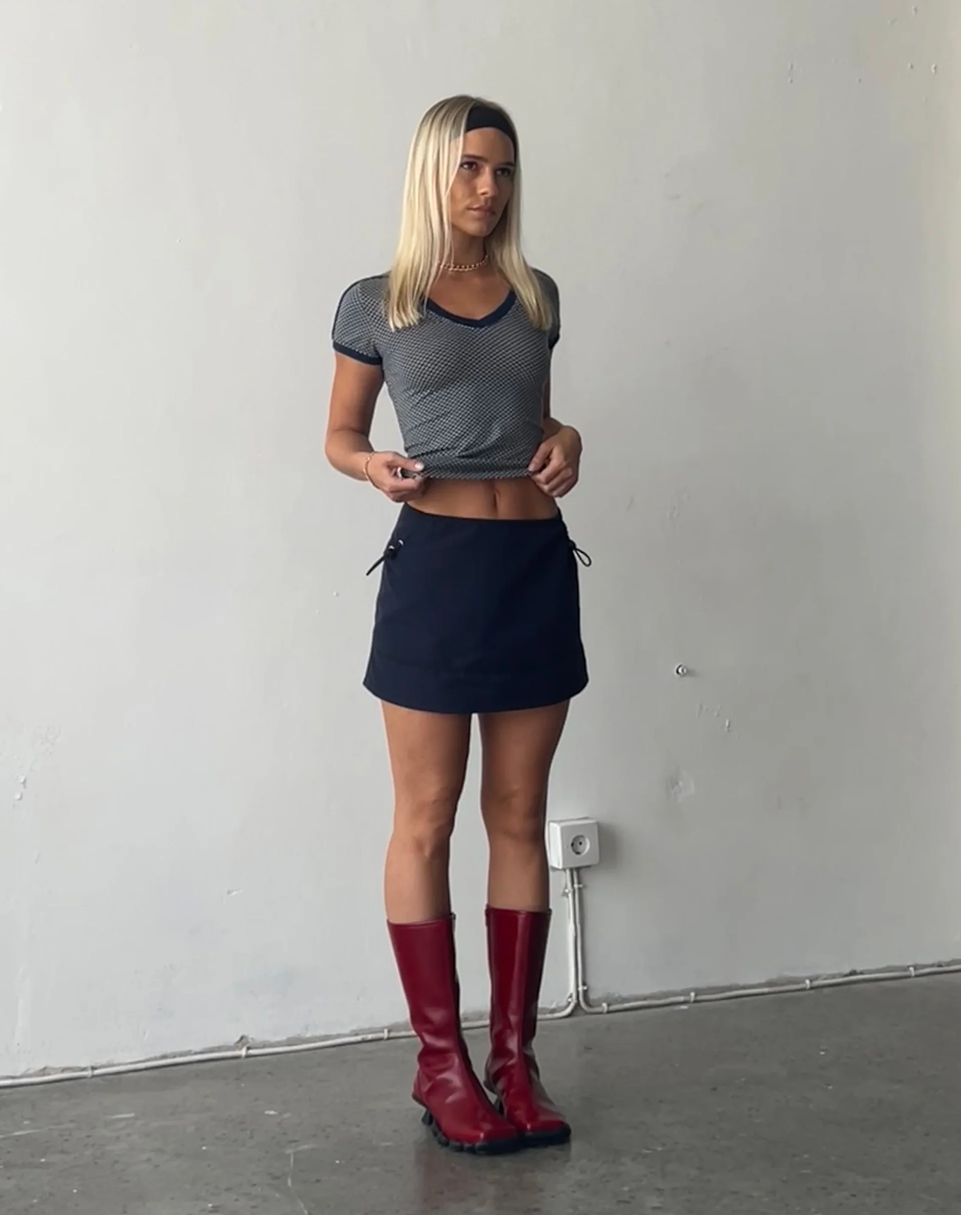 Evy Cargo Mini Skirt in Navy with Black Piping - Awmao
