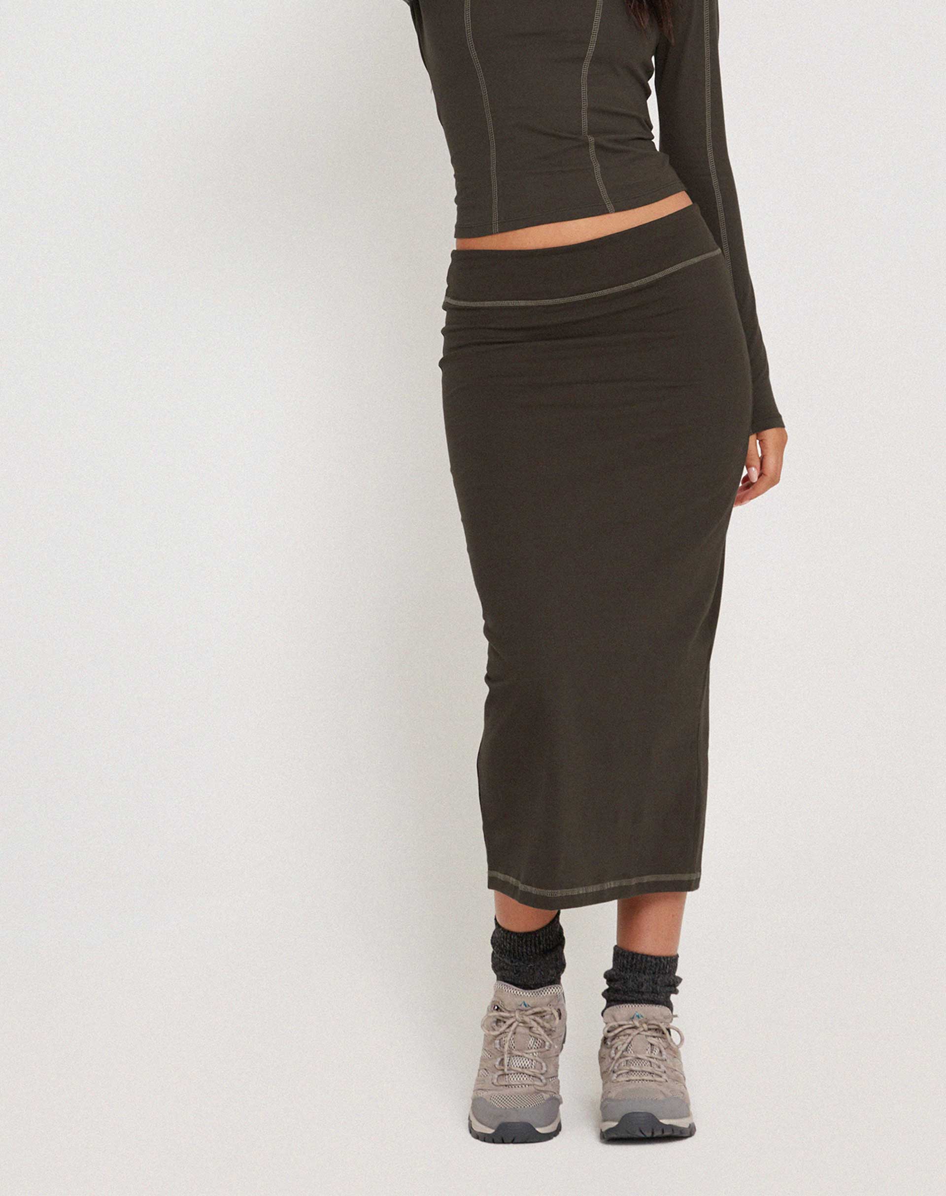 Peka Midi Skirt in Gunmetal with Grey Top Stitch - Awmao