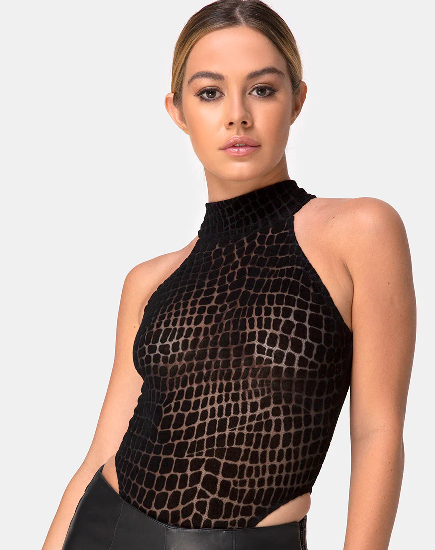 Brava Bodice in Croc Flock Black - Awmao