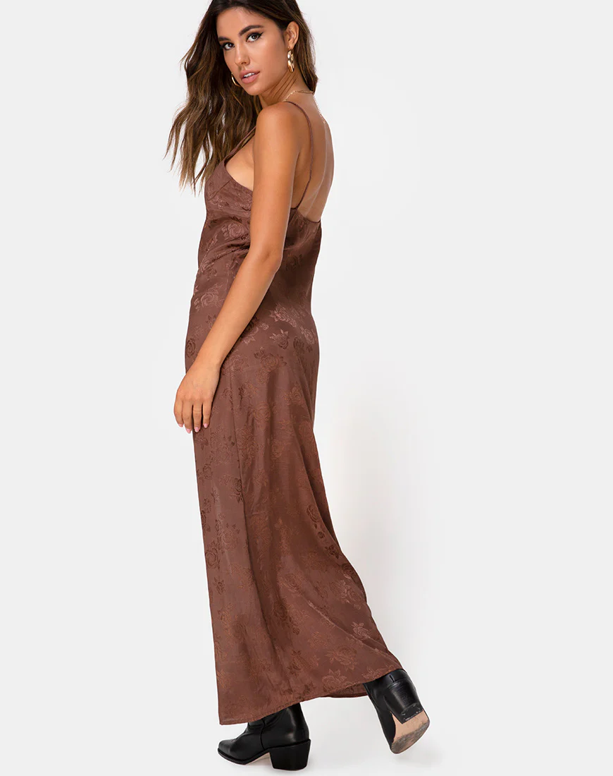 Senia Dress in Satin Rose Chocolate - Awmao