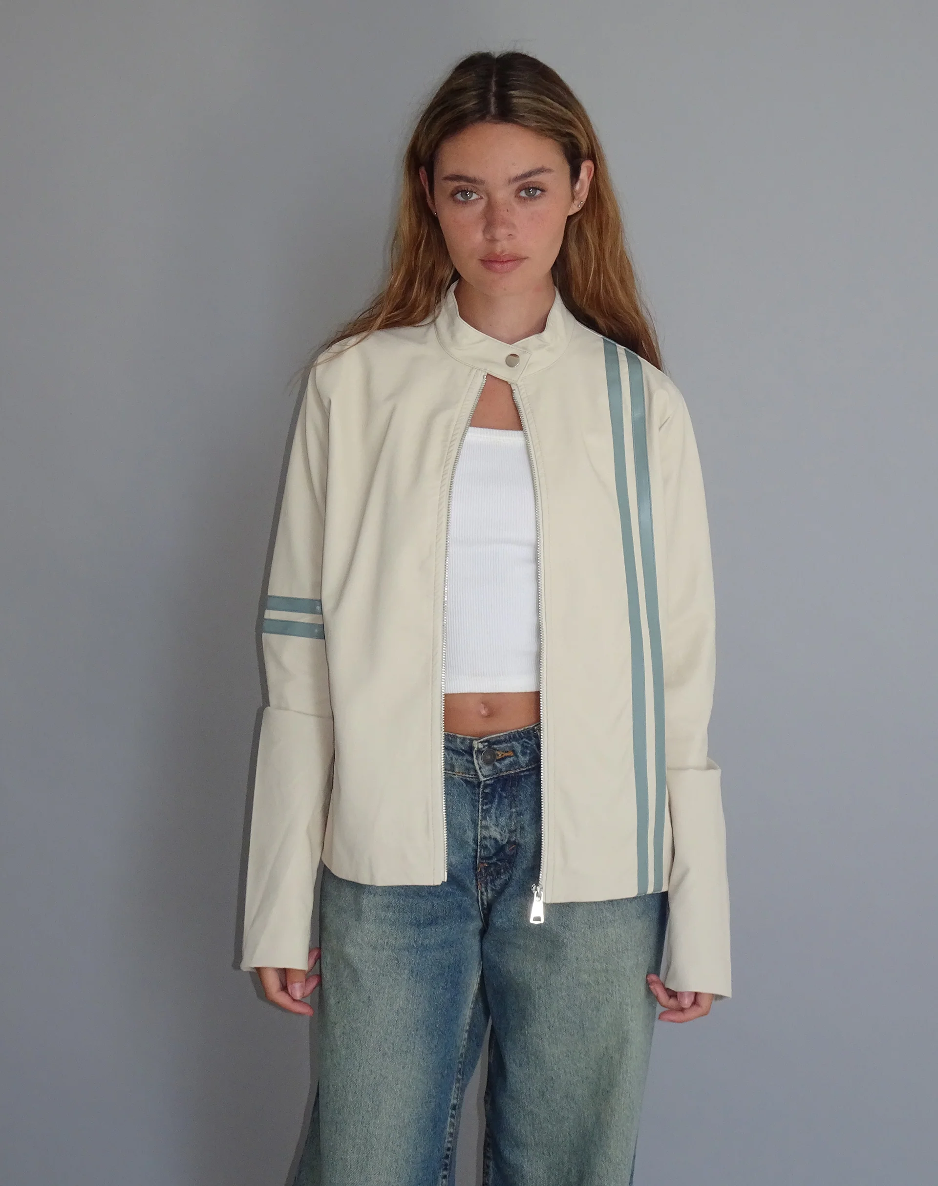 Lewis Jacket in Cream PU with Blue Stripe - Awmao