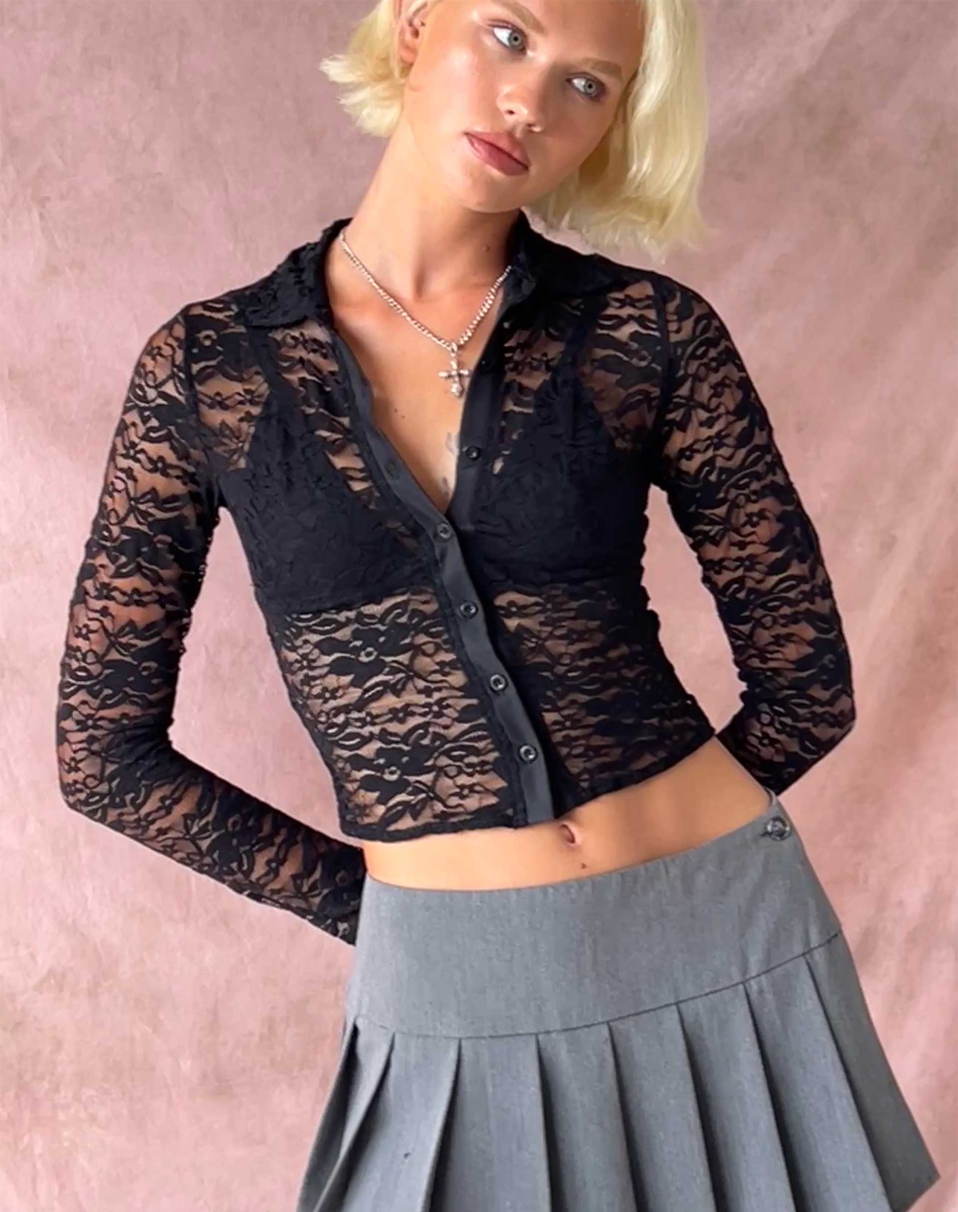 Kawai Button Up Top in Lace Black - Awmao