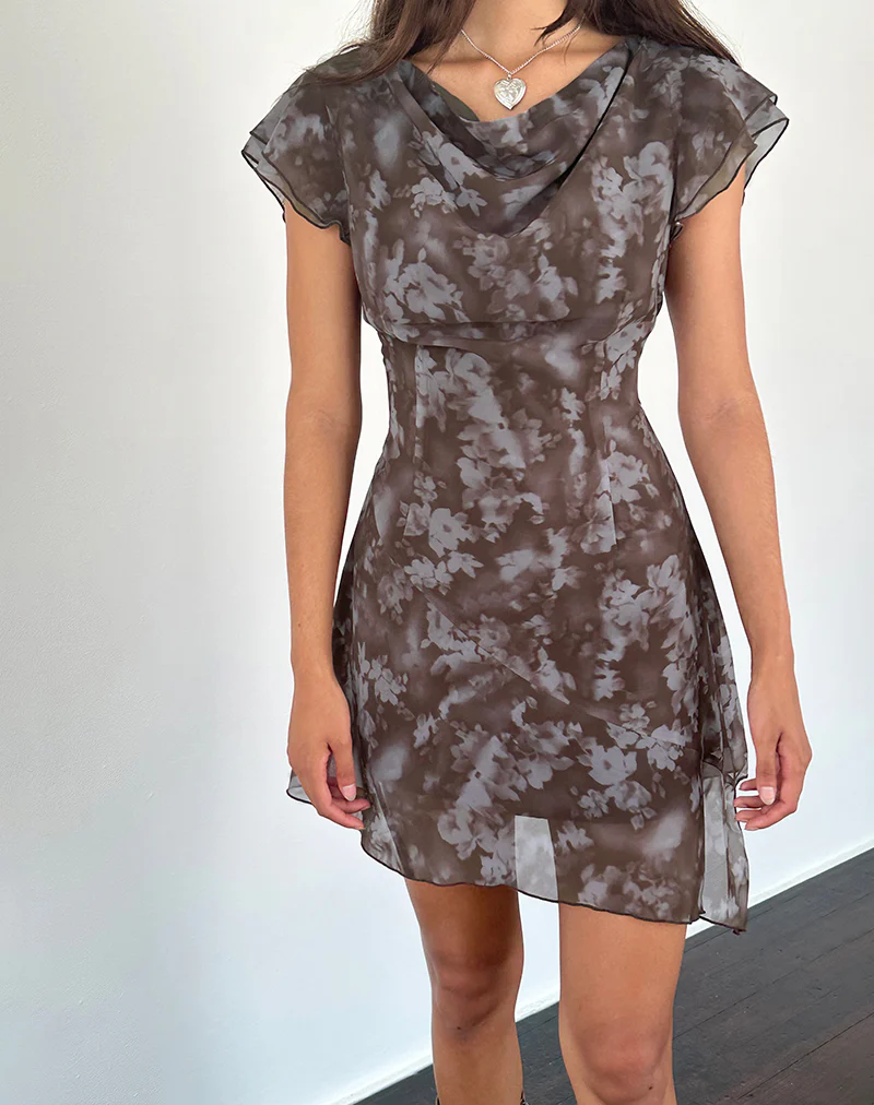 Valencia Mini Dress in Botanical Shadow Brown - Awmao