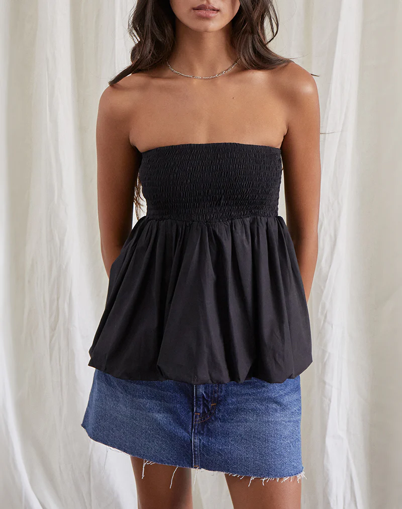 Gaux Puffball Shirred Bandeau Top in Black - Awmao