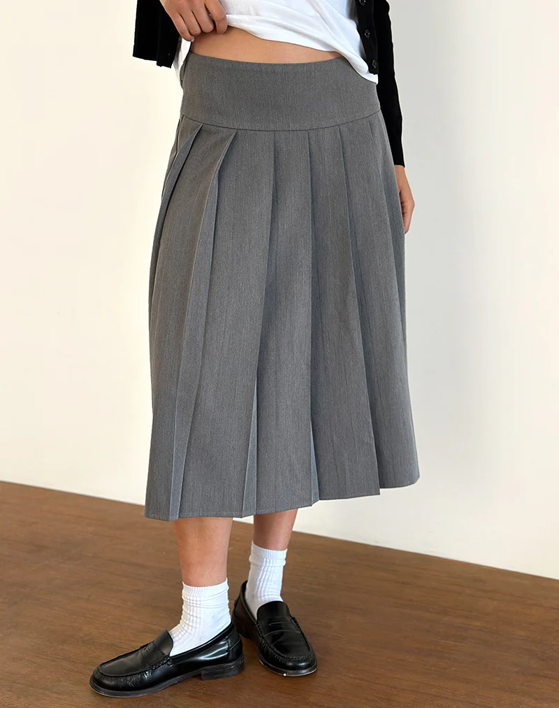 Trisma Pleated Midi Skirt in Charcoal Grey - Awmao