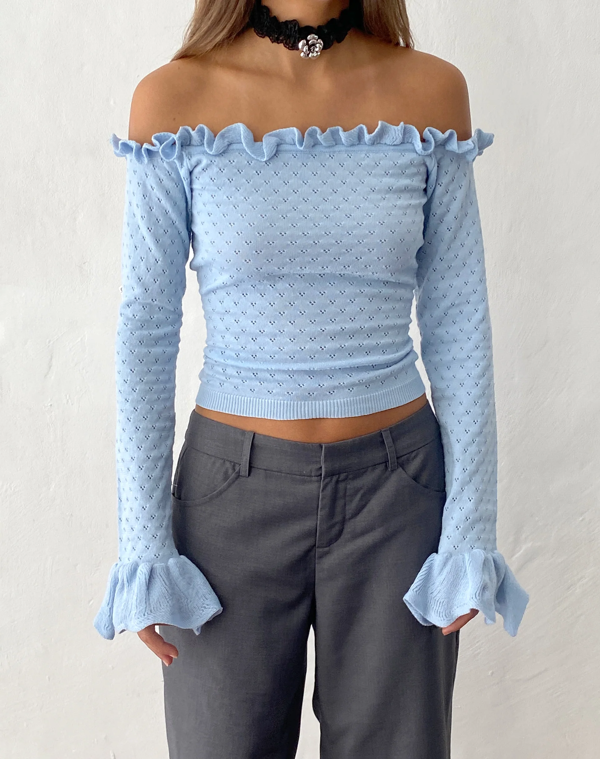 Delaney Knitted Frill Bardot Top in Baby Blue - Awmao