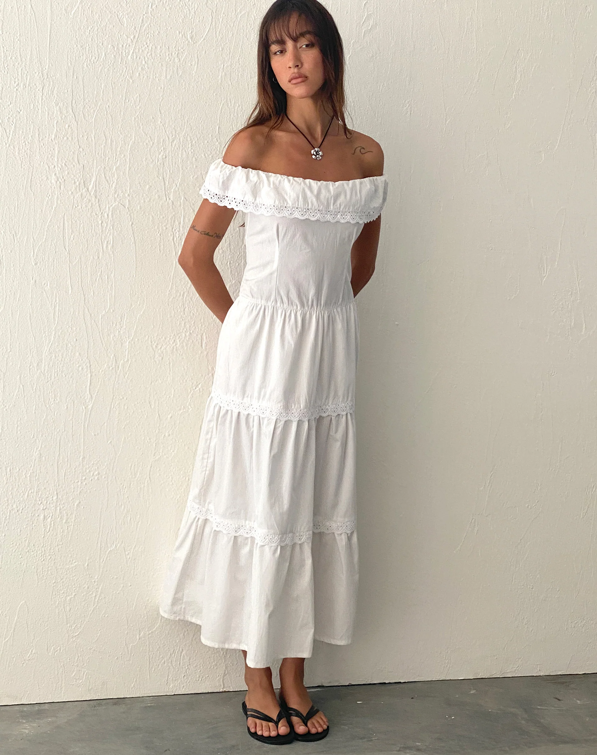 Helpa Tiered Bardot Maxi Dress in White - Awmao