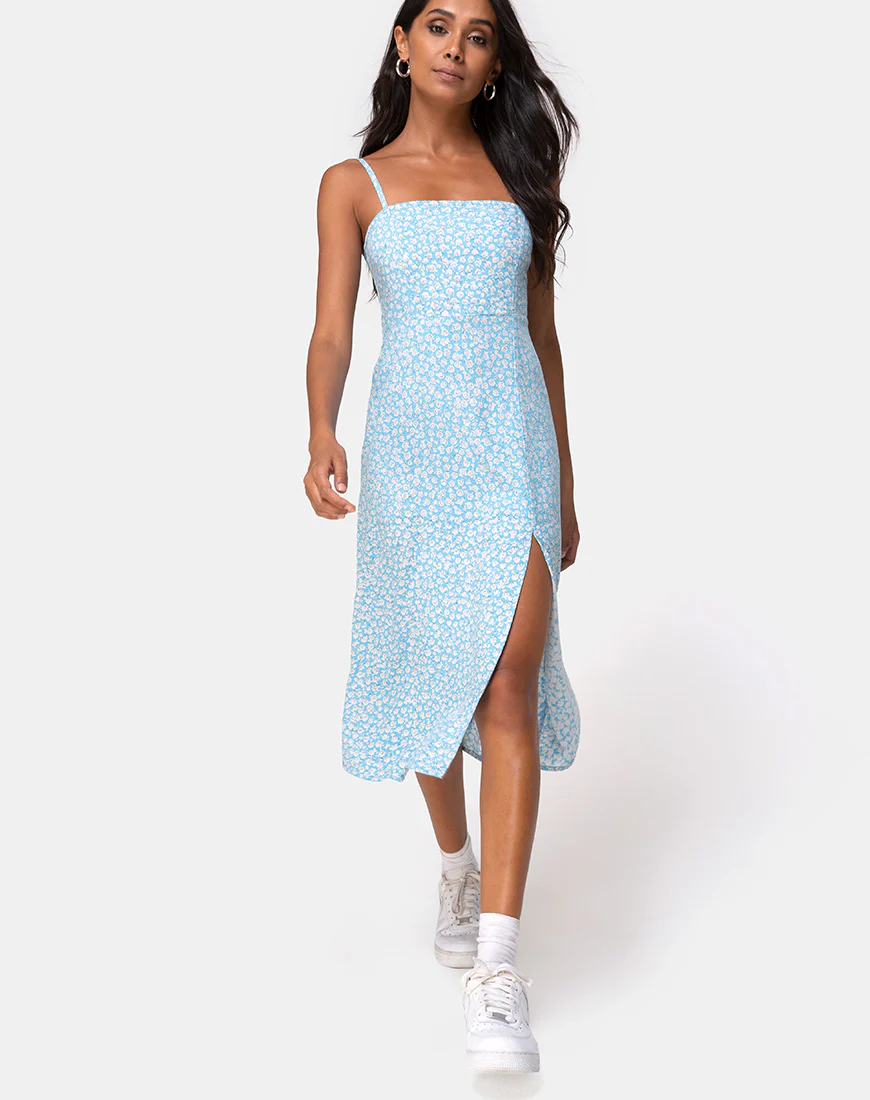 Kaoya Midi Dress in Ditsy Rose Blue - Awmao