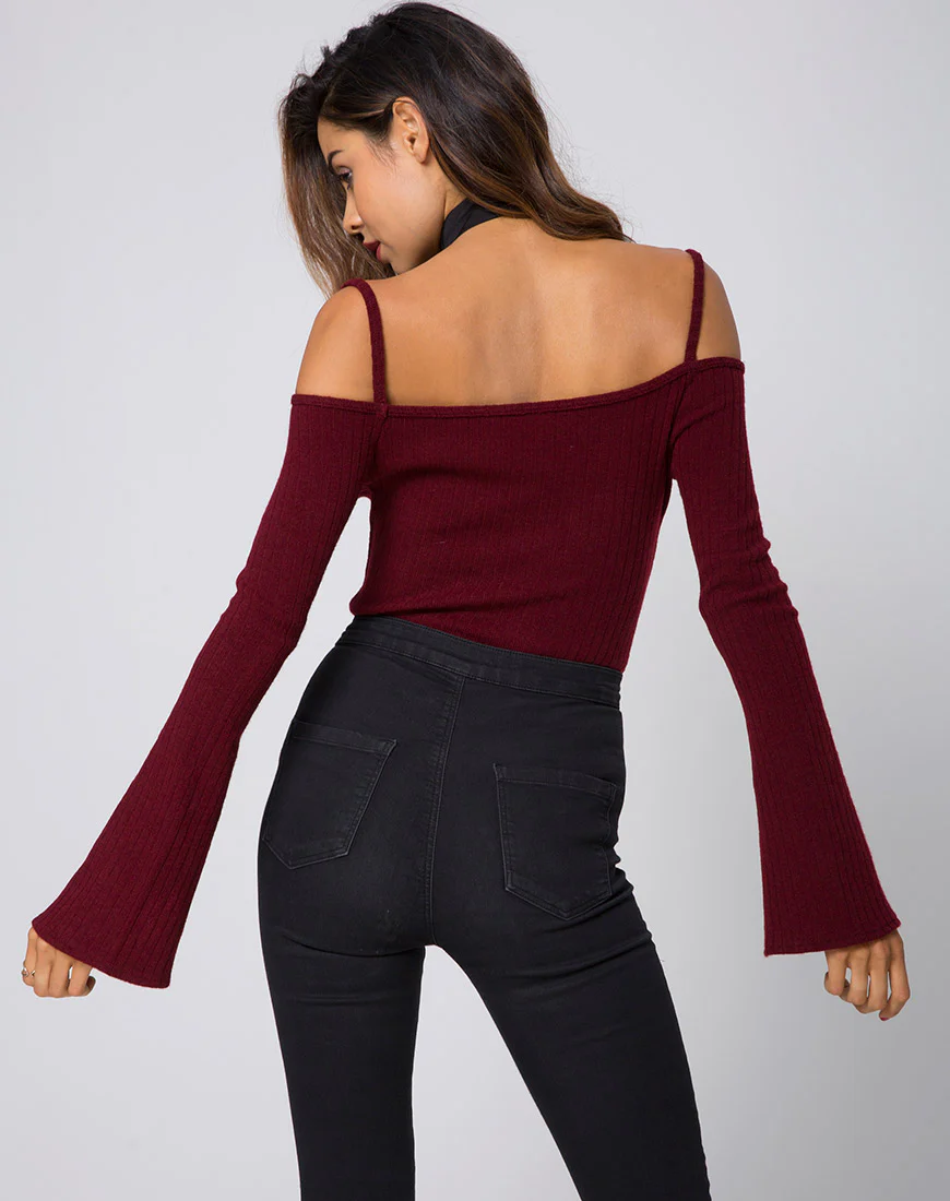 Niani Cold Shoulder Bodice in Rib Knit Burgundy - Awmao