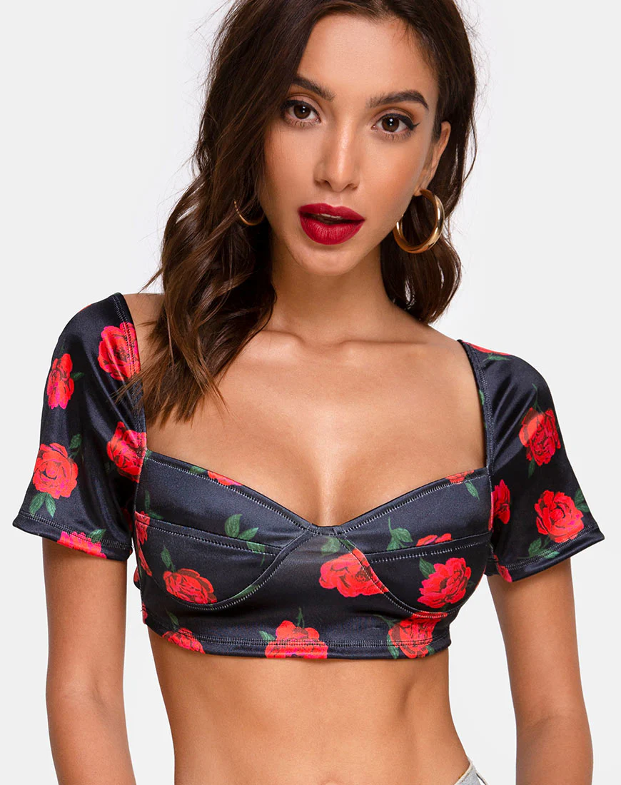 Yoona Top in Satin Stretch Last Rose Black - Awmao