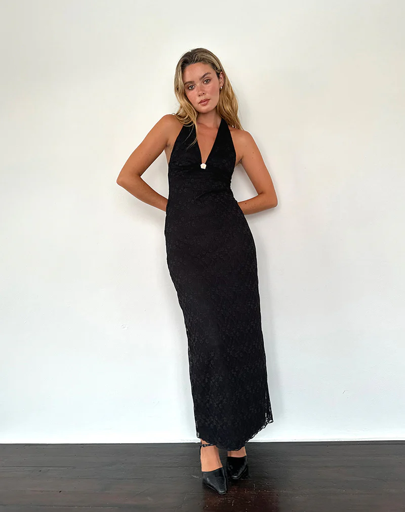 Atma Halterneck Maxi Dress in Canina Lace Black - Awmao