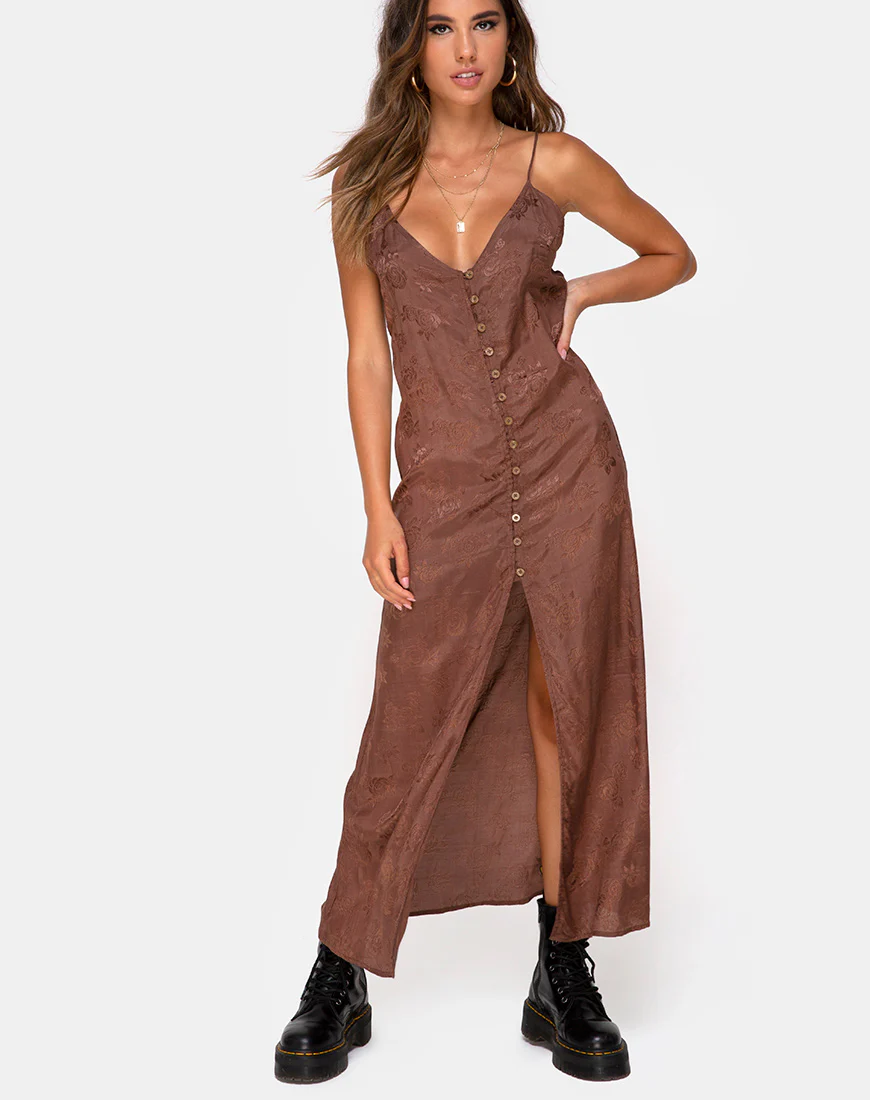 Senia Dress in Satin Rose Chocolate - Awmao
