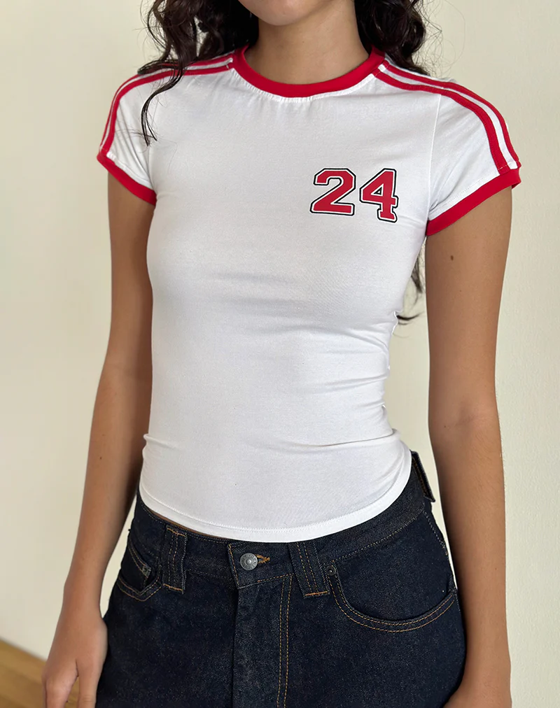 Salda Tee in White with Tango Red Binding - Awmao