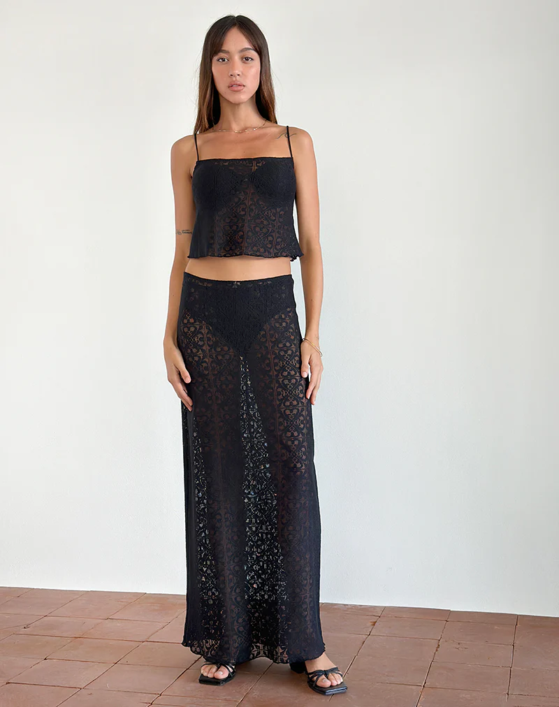 Layla Maxi Skirt in Clover Lace Black - Awmao