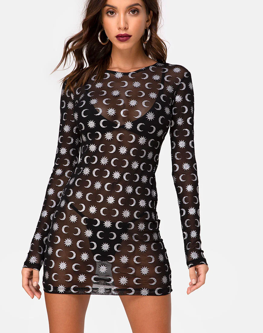 Wyatt Bodycon Dress in Over the Moon Black with Glitter - Awmao