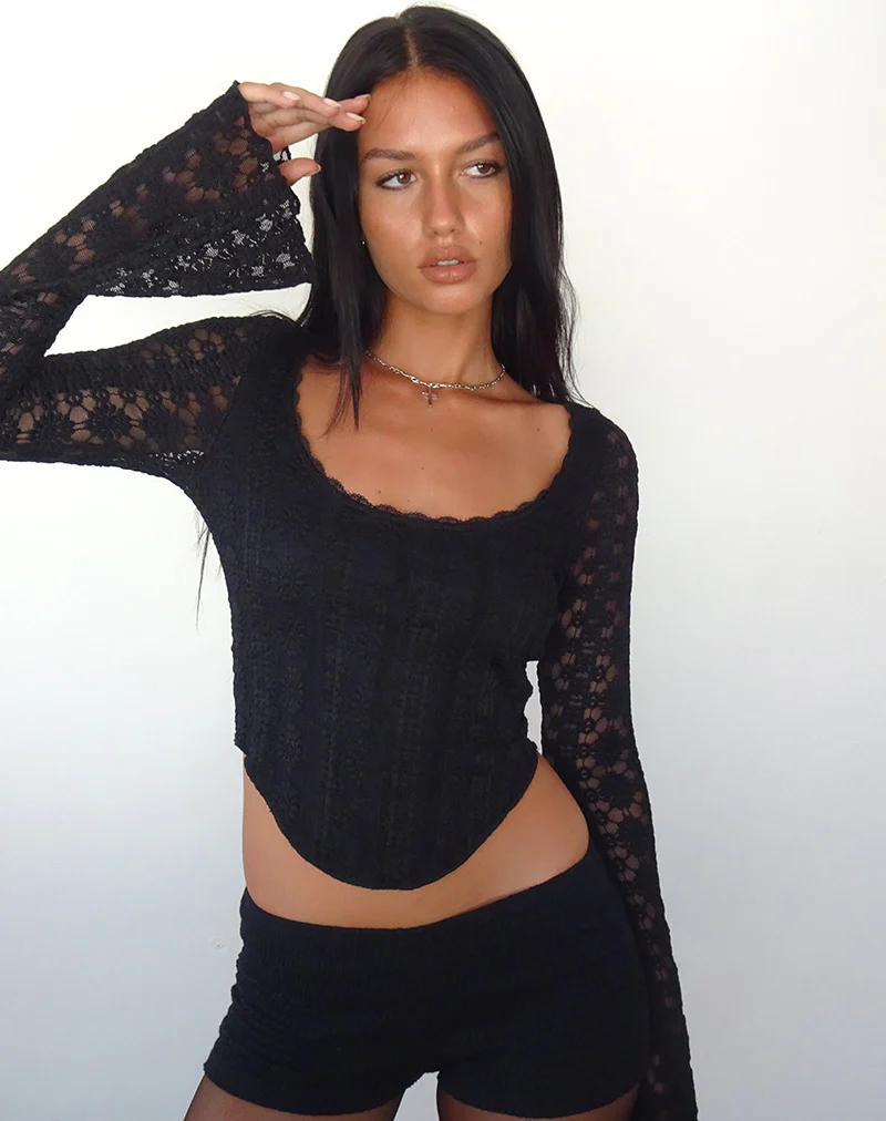Belle Long Sleeve Top in Regal Lace Black - Awmao