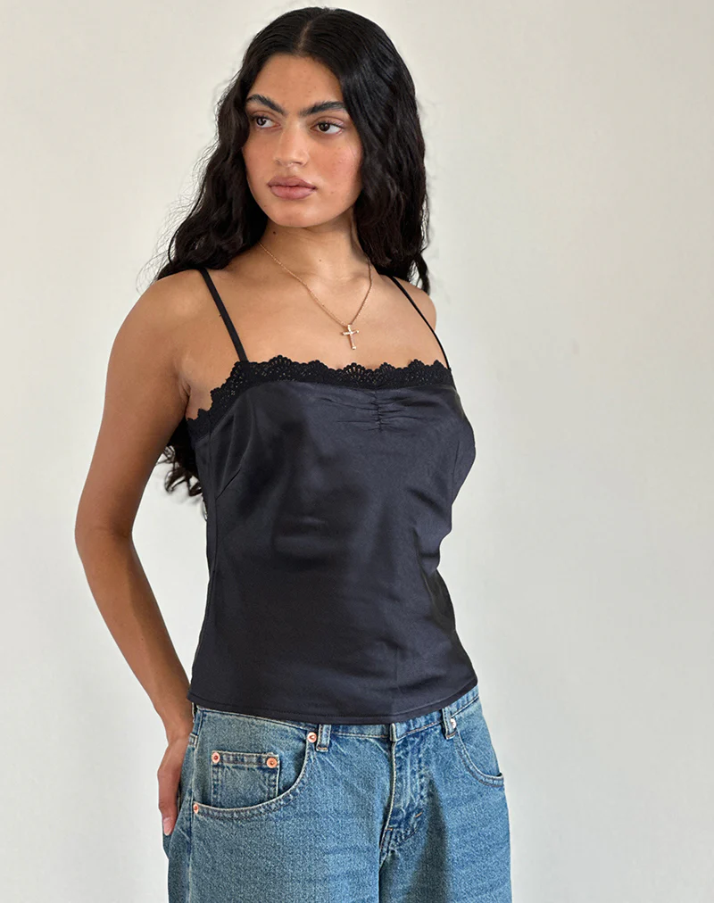 Kira Top in Satin Black with Black Lace - Awmao