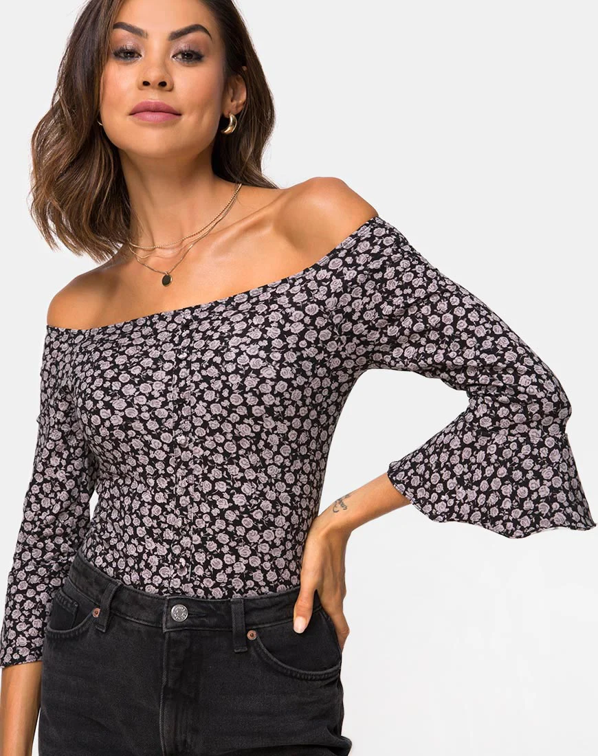 Gaton Bardot Bodice in Ditsy Rose Black - Awmao