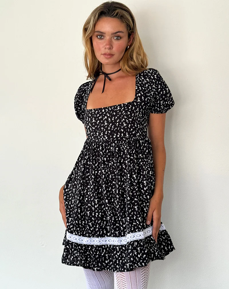 Beling Mini Tea Dress in Black Ditsy Romance - Awmao