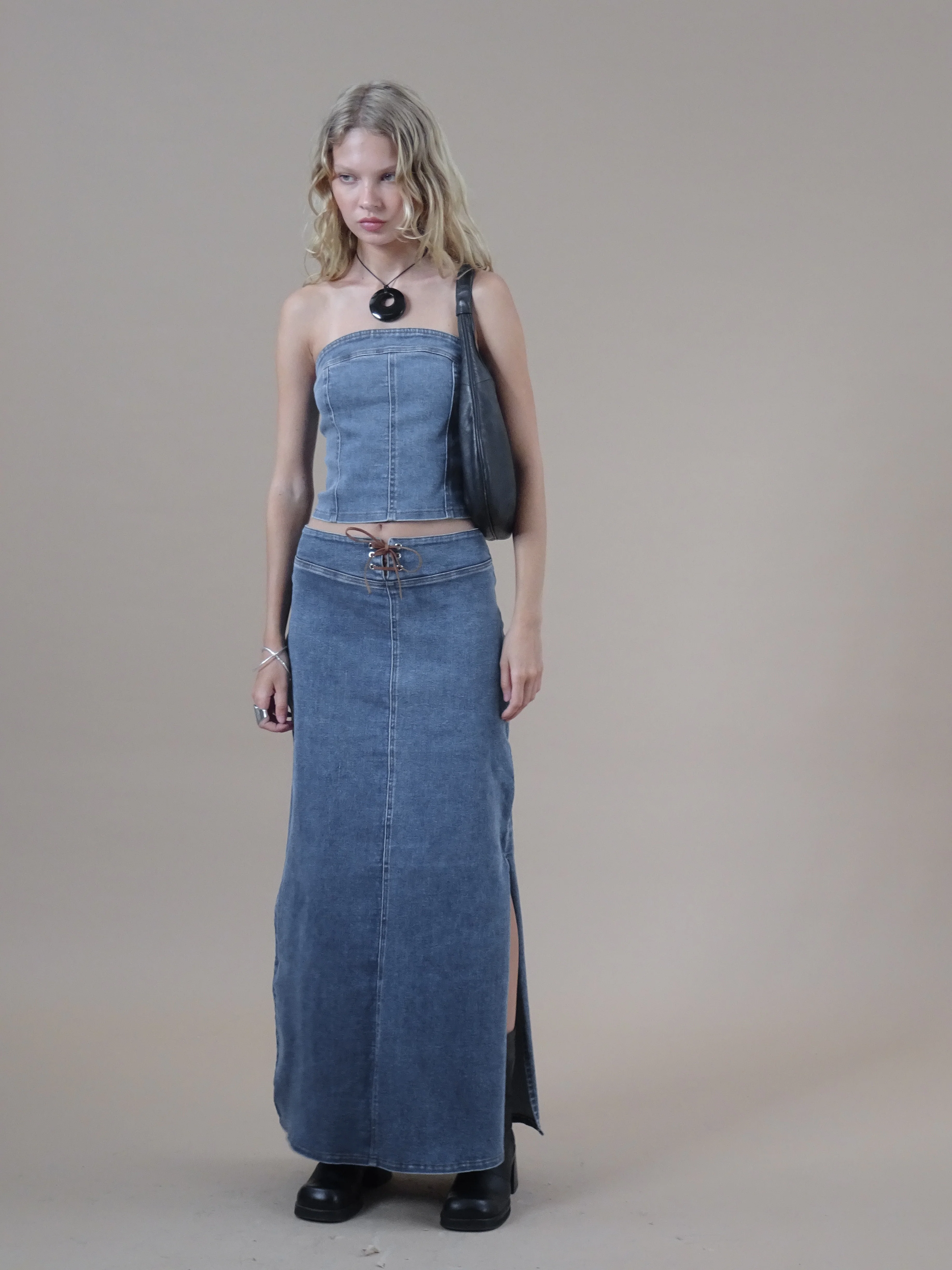 Kaiha Denim Bandeau Corset Top in Blue Wash - Awmao