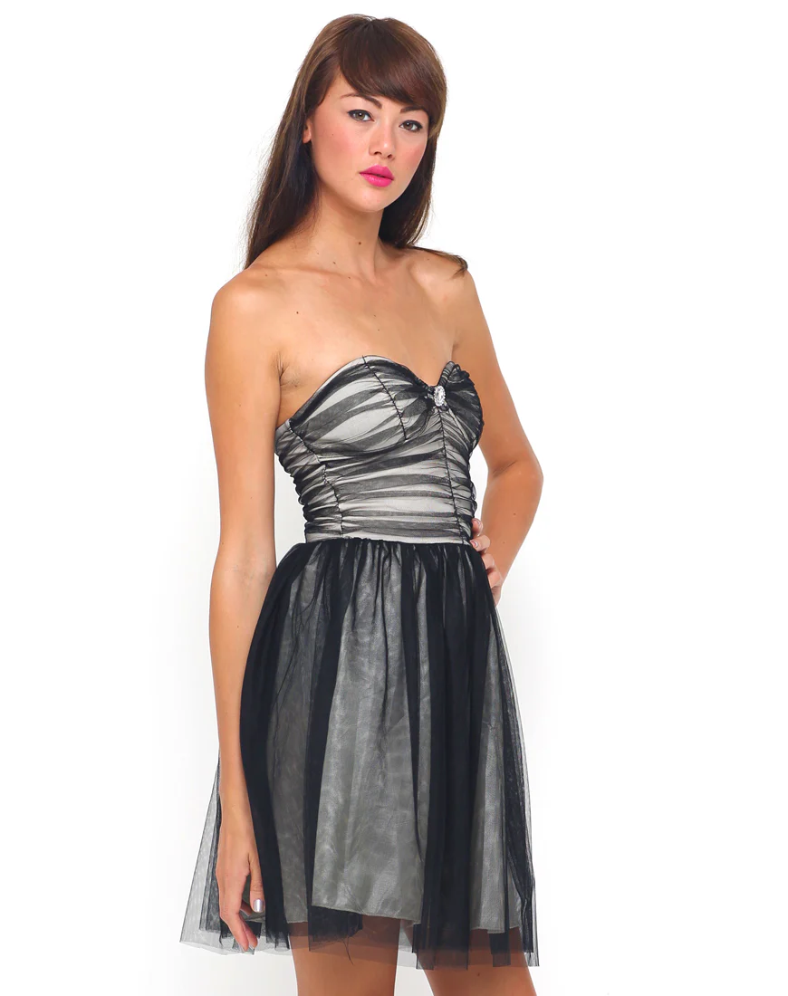 Motel Teardrop Prom Dress in Black and Nude Mesh - Awmao