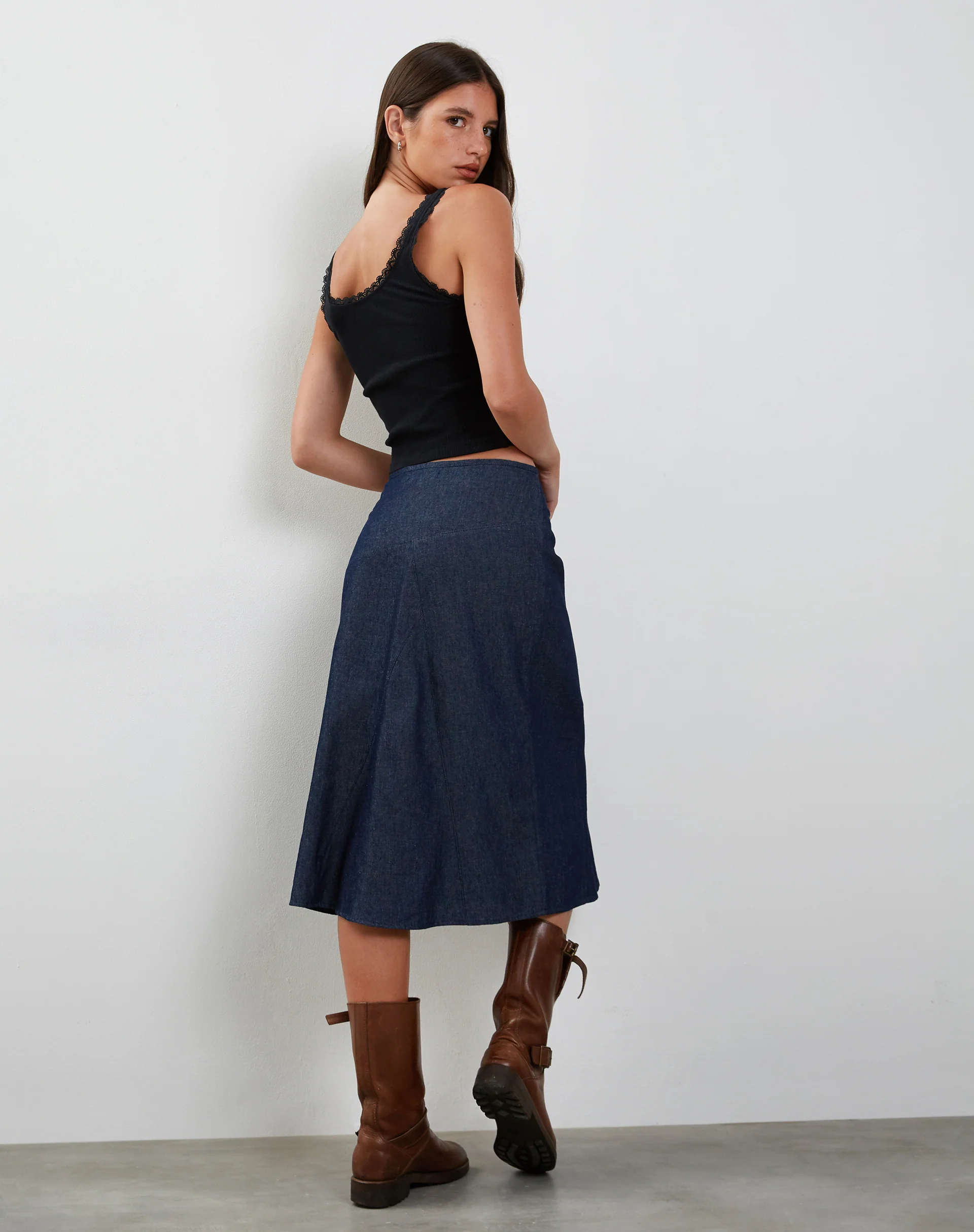Imbrella Denim Midi Skirt in Dark Indigo - Awmao