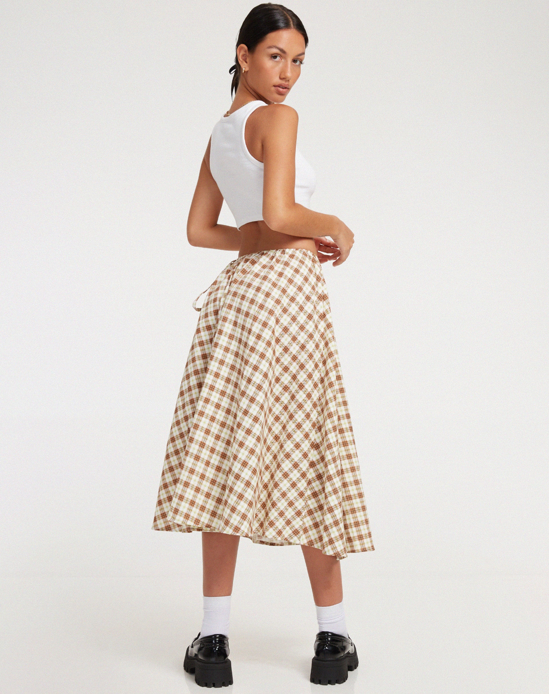 Takara Midi Skirt in Yellow and Brown Check - Awmao