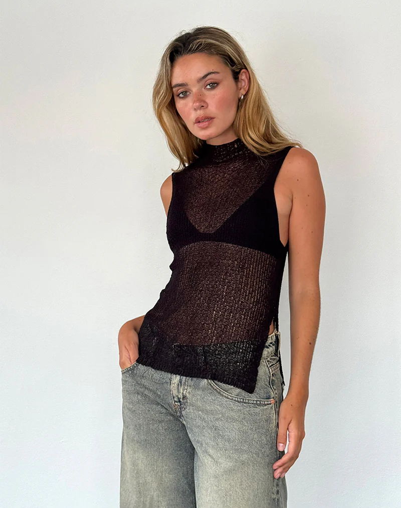Agnes Sleeveless Sheer Knit Tank in Black - Awmao