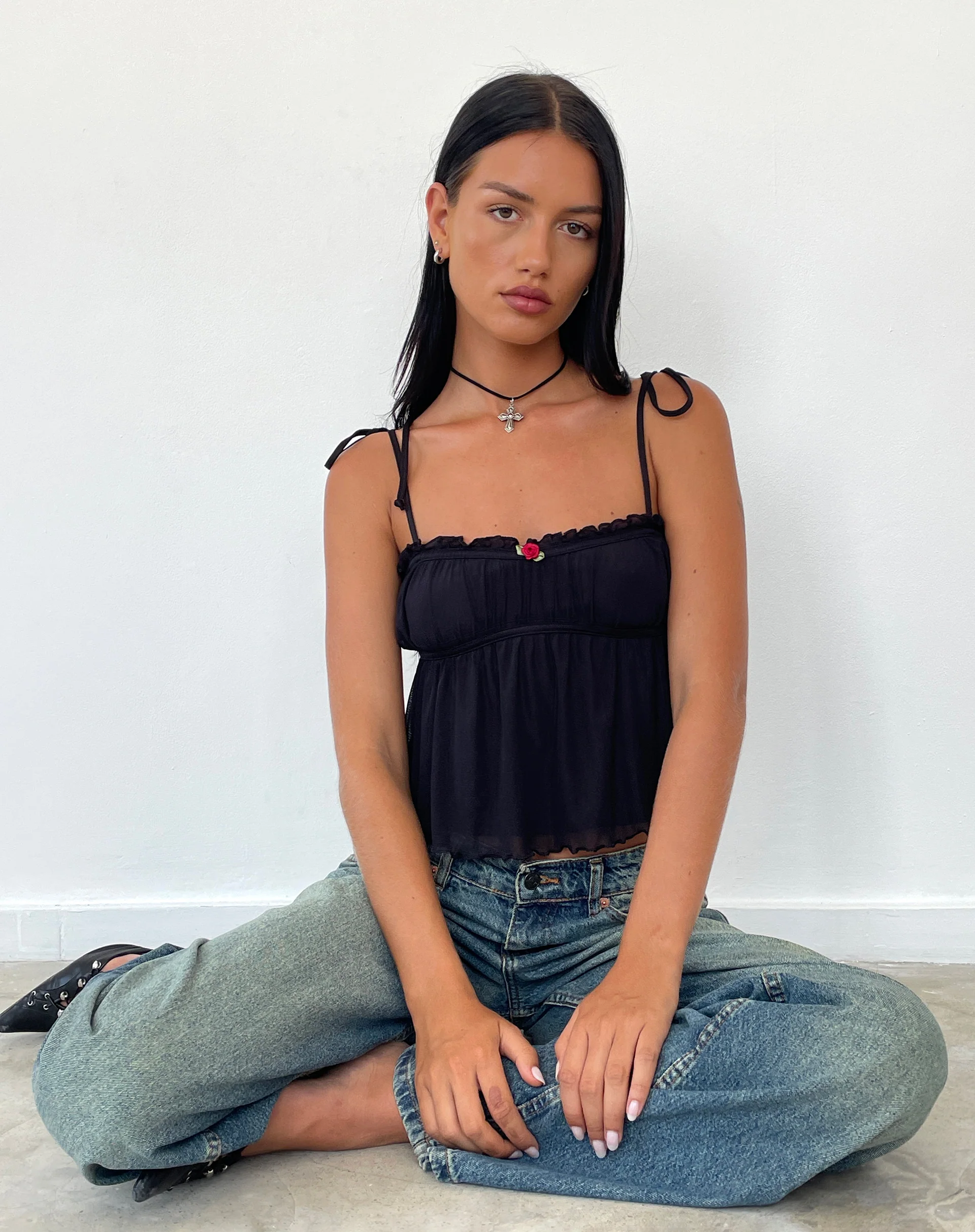 Damaris Cami Top in Black with Black Binding - Awmao