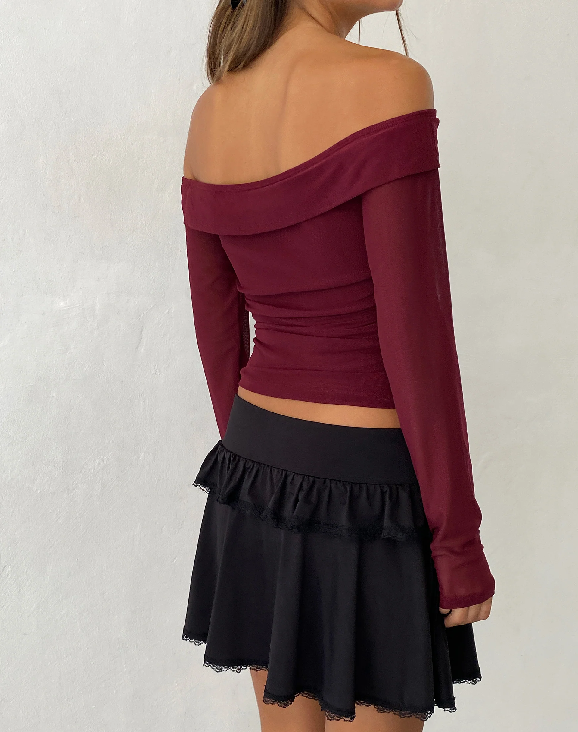 Nauri Mesh Bardot Top in Maroon - Awmao