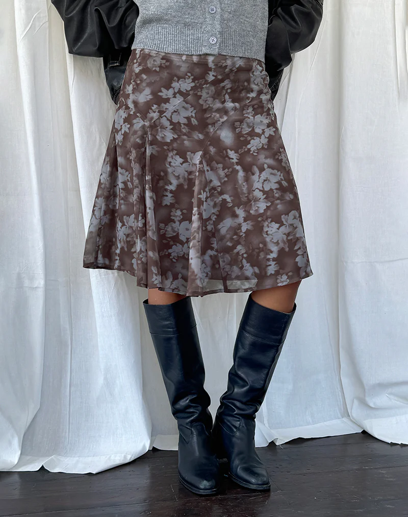 Clarita Midi Skirt in Botanical Shadow Brown - Awmao
